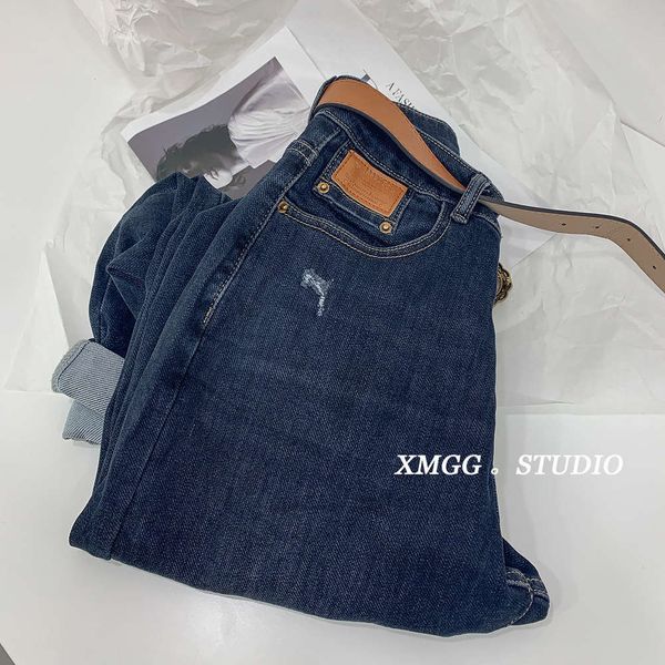 

high waist women's loose daddy pants tube show thin autumn cotton haze blue casual