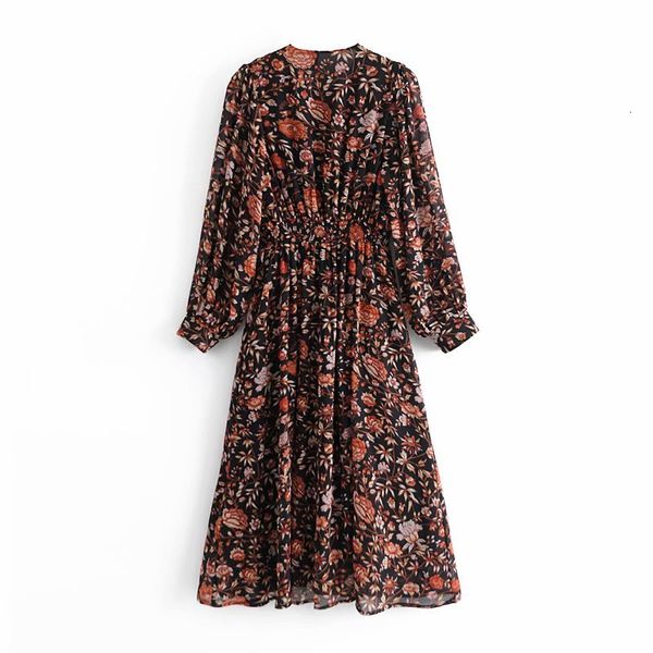 

new 2021 woman flowers v neck vestido de mujer long sleeve vitage wl4p, White
