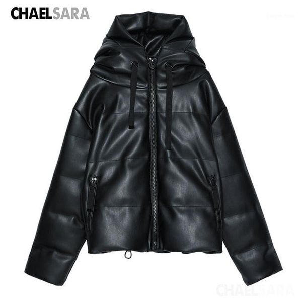 

autumn winter parka coat women fashion hooded pu faux leather jacket female casual loose outwear mujer, Black