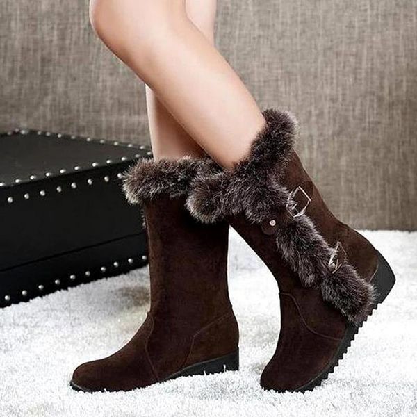 

boots winter warm women shoes snow wedges low heel solid color mid-calf furry buckle outdoor non-slip lady feetwear, Black