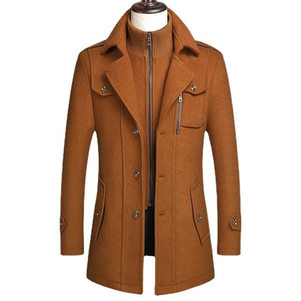 

men's wool & blends autumn and winter coat medium long woolen jacket mock neck slim plus cotton thickened s-4xl, Black