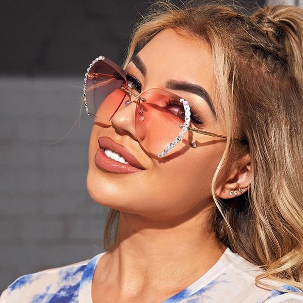 

sunglasses 2021 diamond hexagonal designer rhinestone frameless gradual sun glasses shades hexagon glass, White;black
