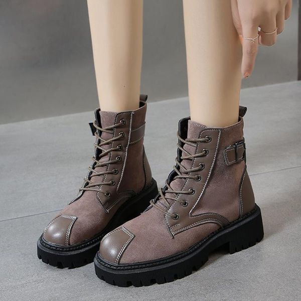 

boots 2021 women winter casual lace up shoes woman buckle platform short botas drop fashion pu leather combat ankle, Black
