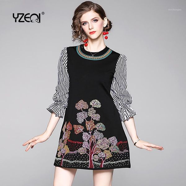 

casual dresses yzeqi women spring 2021 elegant embroidery dress female office party robe vintage vestidos mujer, Black;gray