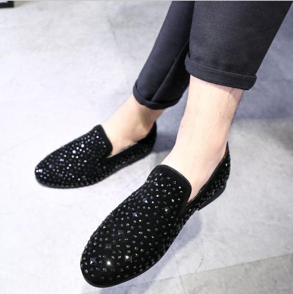 

fashionable loafers men's flock leather shoes pointed toe drill casual shoes autumn and winter single shoes, Black