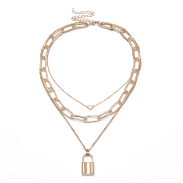 

chains european and american exaggerated thick chain hip-hop retro multi-layer geometric lock-shaped love necklace ladys wholesale, Silver