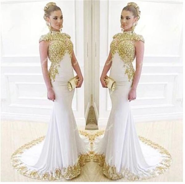 

white muslim evening dresses long mermaid high neck gold embroidery beading spring women formal party prom gowns, Black