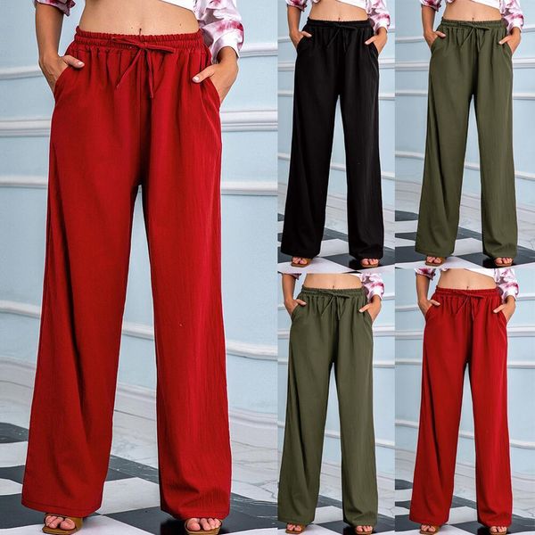 

2021 new wide leg pants women black lace up korean style loose casual elastic high waist female autumn straight long trousers streetwear llu, Black;white