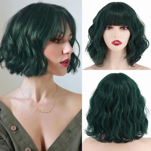 

synthetic wigs short bob wavy hairstyle forest dark green red ombre blonde shoulder length wig for women halloween cosplay fiber, Black