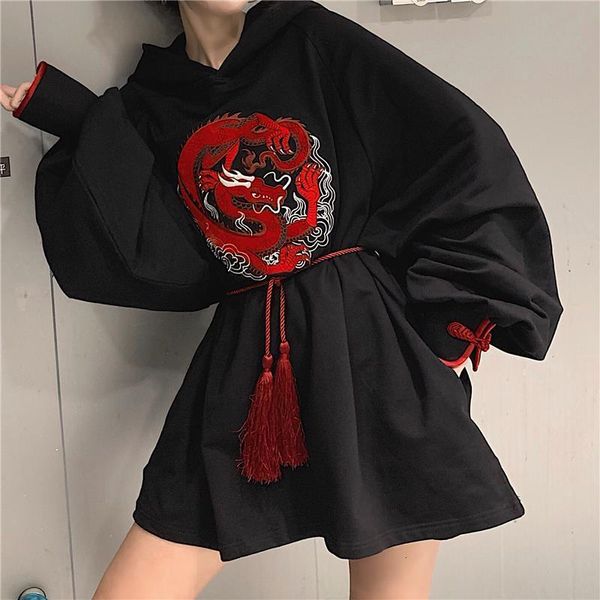 

chinese style harajuku sweatshirt women long casual loose hoody sweatshirts women's embroidery female black colthes oversized