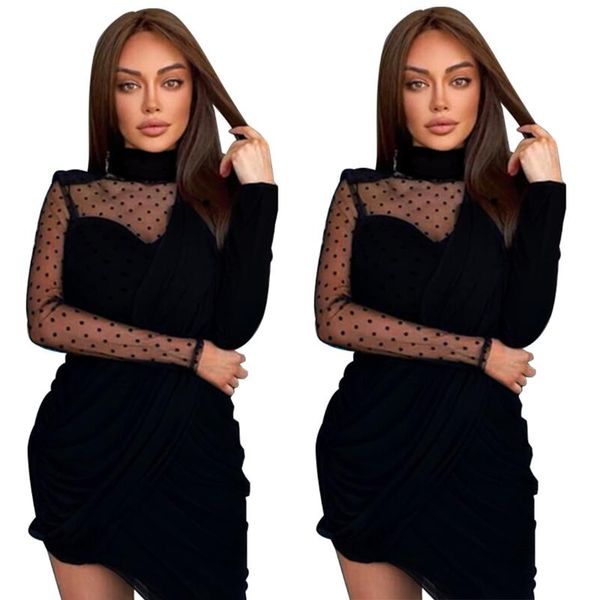 

casual dresses zaggin 2021 autumn women solid see-through stitching mesh sheath dress lady stand collar full sleeve irregular mini, Black;gray