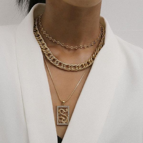 

chains 3pcs vintage multi layer dragon pendant necklaces set for women hiphop curb cuban chunky chain choker necklace statement jewelry, Silver