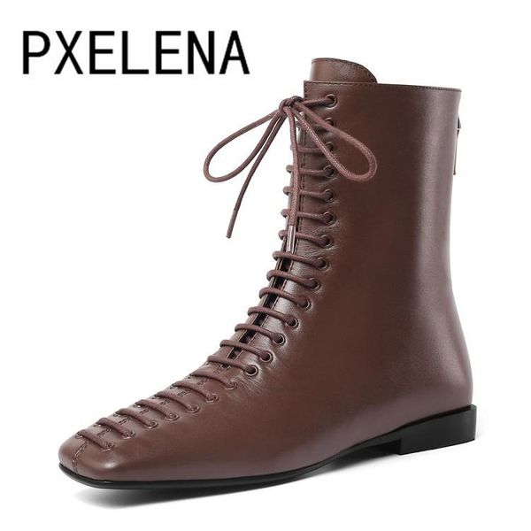 

boots pxelena punk gothic women military combat low heel lace up genuine leather autumn motorcycle ankle shoes 2021, Black