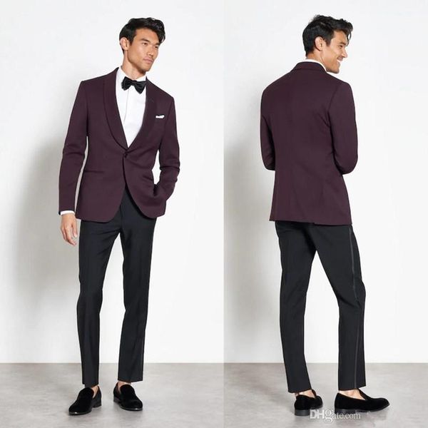 

handsome dark purple shawl lapel jackets with black pants groom wedding dress formal dinner party prom one button blazer 2pcs, White;black