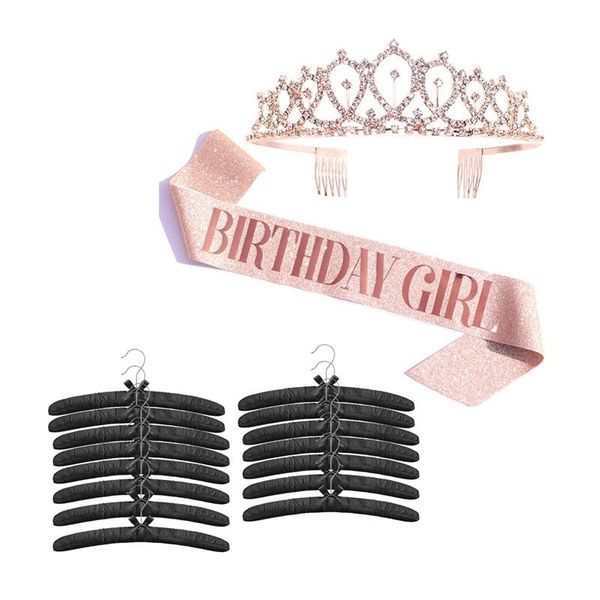 

15 pcs 15inch large satin padded hangers ,silk hanger black & 2 set birthday girl sash rhinestone tiara kit-rose gold