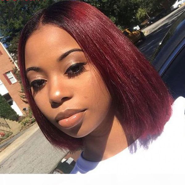 

burgundy malaysian straight hair wigs pre plucked short bob wig 1b 99j human hair lace front wigs with baby hair, Black;brown
