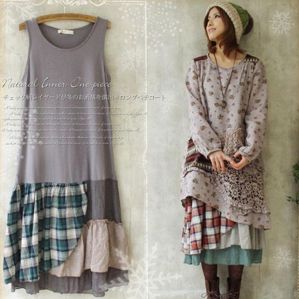 

casual dresses japanese mori girl patchwork vintage plaid dress women loose boho cute kawaii cotton linen sleeveless tank basic, Black;gray