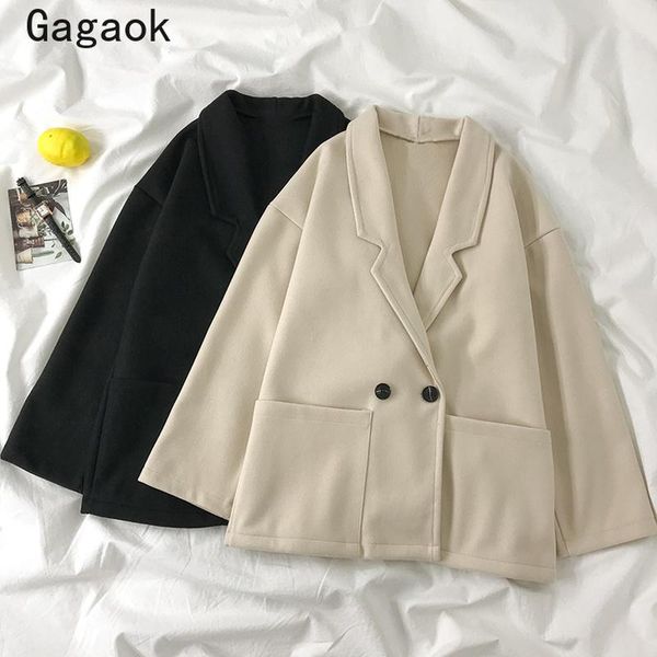 

gagaok women fashion office lady blends 2021 spring autumn new solid button pockets lapel chic simple wild korean coats k3977, Black