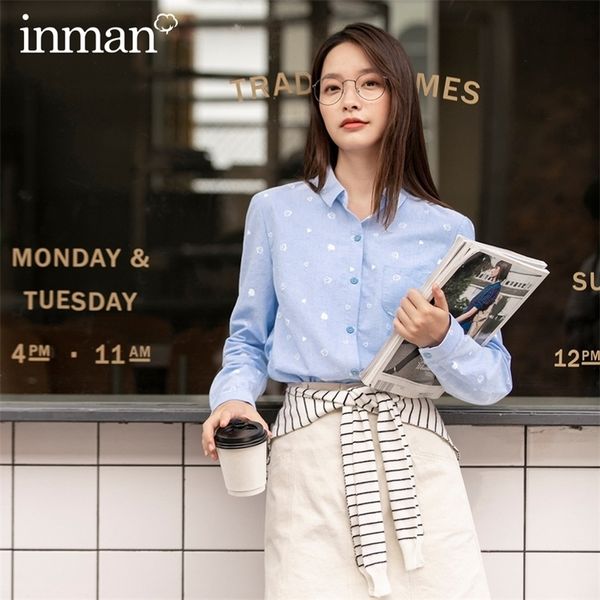 

inman autumn winter commuter literary cotton printing comfortable solid color long sleeve shirt blouse 210225, White
