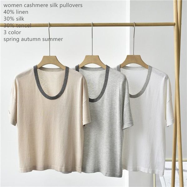 

women's sweaters naizaiga silk linen blending u neck shinning short sleeve luxury women summer sweater girl puiiovers prfs97, White;black