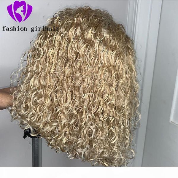 

150% blonde curly 13*4 side parting lace front wig 613 transparent lace colorful short bob synthetic wigs heat resistant for white women, Black