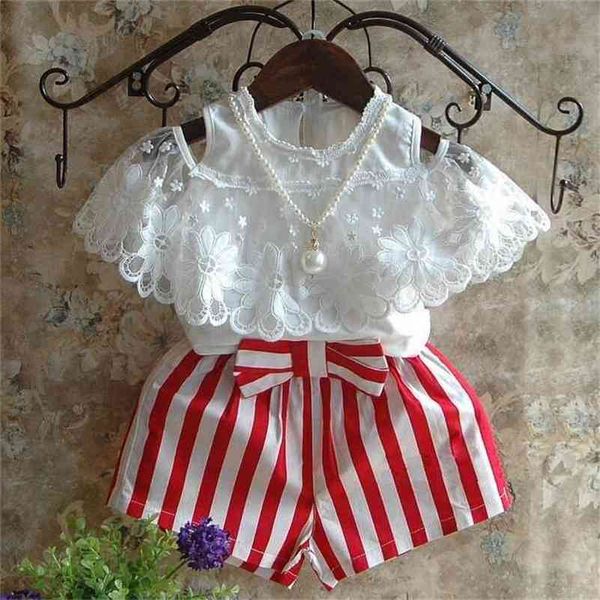 

summer girls' clothing sets korean off-the-shoulder short sleeve +striped shorts 2pcs kids clothes suit children 210625, White