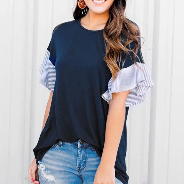 

splicing trip ruches t-shirt o-neck short mouwen loose koszulki damskie summer tshirt women shirt donna, White