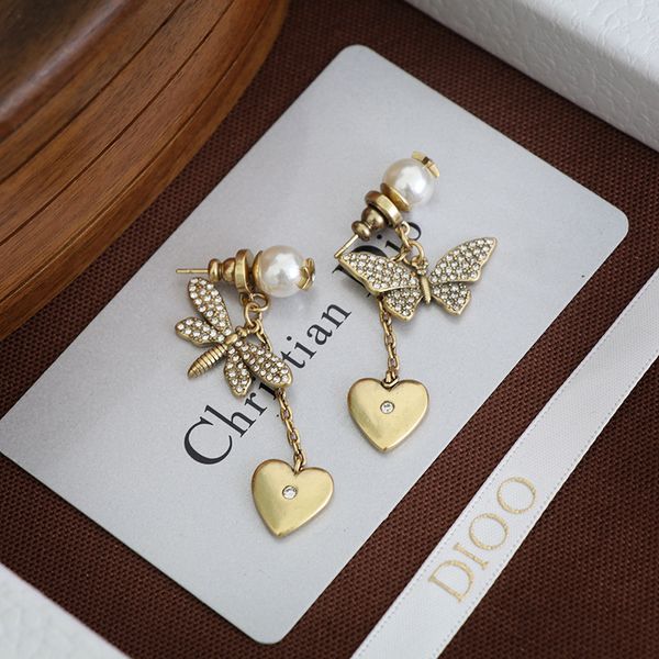 

70% off high-quality jewelry family butterfly asymmetric pearl earrings female net red water dragonfly love earrings, Golden