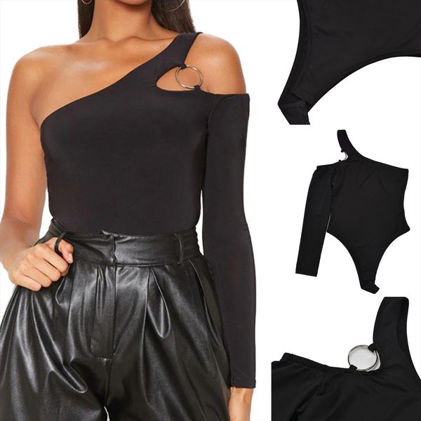 

s bodysuit, solid color metal womens jumpsuits ring shoulder strap single long sleeve jumpsuit for female, Black;white