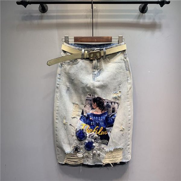 

skirts patch sequined flower beaded hole denim skirt for women 2021 spring summer a- line mid-length jeans jean, Black