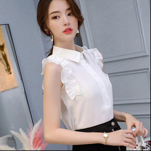 

spring summer 2021 women white shirt sleeveless shirts korean lapel ruffle women streetwear slim chiffon blouse office lady top