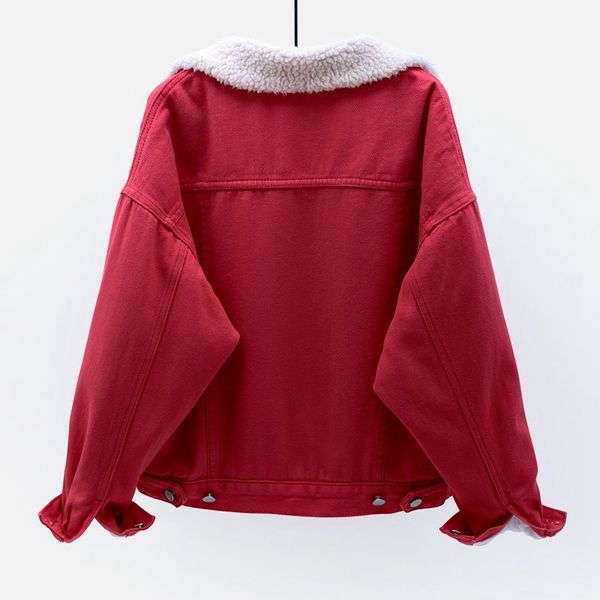

korean 6 color bat sleeve short denim women red pink outerwear loose winter thick warm lamb fur liner jeans jacket female 89yy, Black;brown