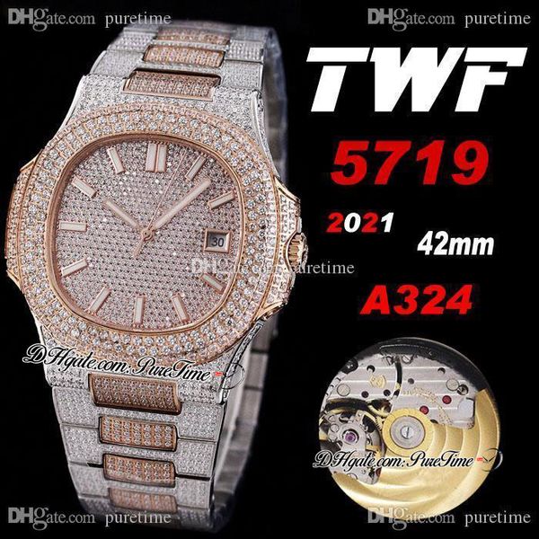 2021 TWF 5719 CAL A324 Automatic Mens Guarda due tonalità in oro rosa pavimentato rosa diamanti quadrante bastone ghiacciato con diamante braccialetto di diamante super edizione gioielli orologi puretime D04