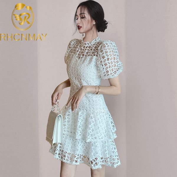 

new white patchwork dress for women stand collar puff short sleeve high waist hollow out dresses females summer 2021 styleswimwear bathing s, Black;gray