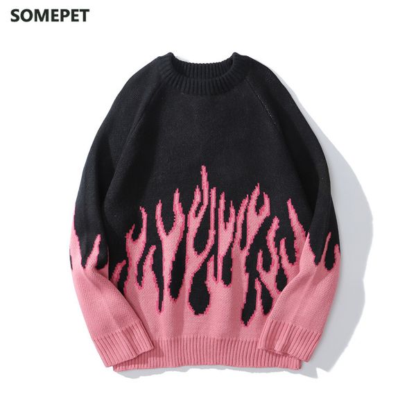 

pink flame off shoulder sweater men women autumn oversized mens sweater knitwear men clothing, Black