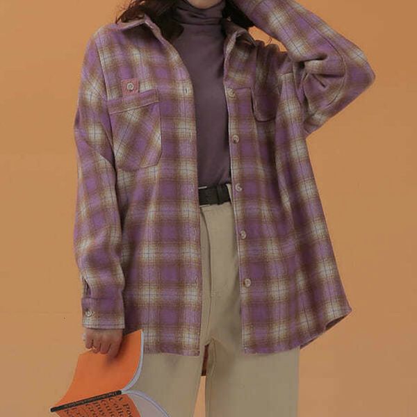 

2021 new deeptown xadrez inverno moda malha manga comprida feminina solto casual roxo engrossar boto acima da camisa kaaw, White