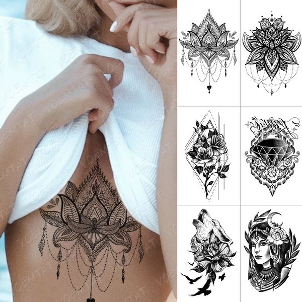 

10 pcs Waterproof Temporary Tattoo Sticker Chest Lace Henna Mandala Flash Tattoos Wolf Diamond Flower Body Art Arm Fake Tatoo Women Men