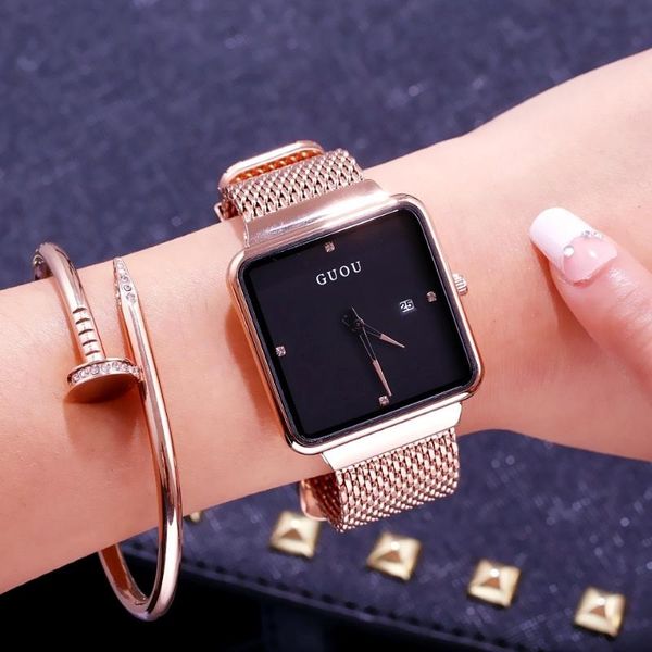 Relógios de pulso Fahion Guou Top Marca Grande Dial Quadrado Luxur Rosa Malha De Ouro Aço Senhoras Relógios Casuais Calendário Quartz Female212S