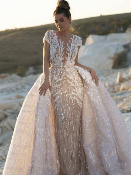 Muhteşem Tam Sequins Mermaid Gelinlik Gelinlikler Ile Ayrılabilir Üstlükler Dantel Aplike Vestidos De Novia Artı Boyutu