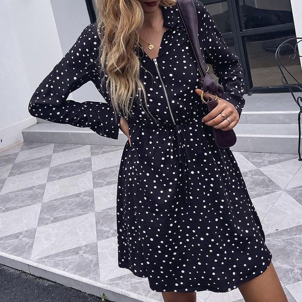 

casual dresses women's oversized dot pattern printed turn-down collar zipper long sleeves elastic waist women a-line dress 2021, Black;gray