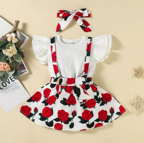 

clothing sets born baby girls fashion solid ribbed +flower suspender skirts+headbands dziewczyna zestawy kids clothes, White