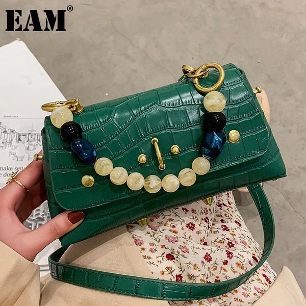 

shoulder bags [eam] women vintage beading chains pu leather flap personality all-match crossbody bag fashion tide 2021 18a1596