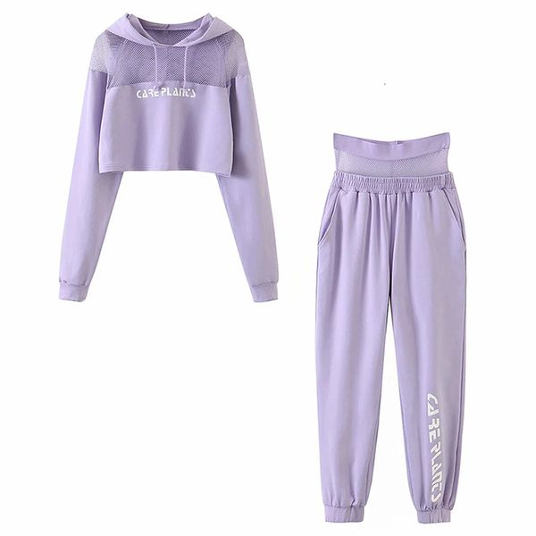 

2021 new fashion women mesh patchwork 2 piece set long sleeve cropped hoodies + high waist jogger pants sport wear tracksuit bylr, White