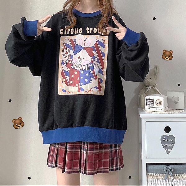 

2021 kawaii hoodie outono inverno bonito impresso feminino manga longa moda mais veludo size hoodies 5fn5, Black