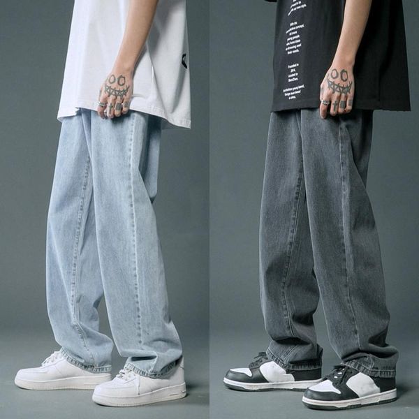 

men's jeans fashion loose straight casual wide leg pants cowboy mans streetwear korean hip hop trousers spring summer, Blue