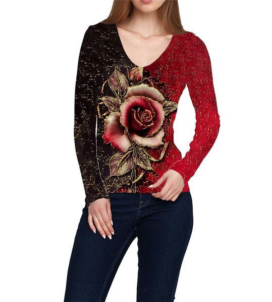 

women's t-shirt rose flower print fashion t-shirts women long sleeve autumn streetwear 2xl female v-neck cotton basic pullover, White