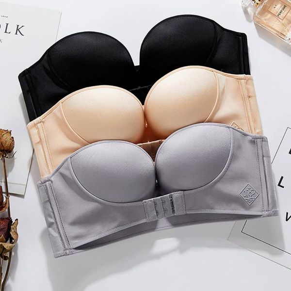 

bras women strapless front buckle lift bra push up anti slip underwear oxygen invisible charming smooth gather bralette lingerie, Red;black