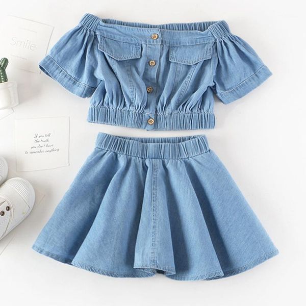 

clothing sets summer girls' korean denim short-sleeved t-shirt+high waist skirt 2pcs baby kids clothes suit children clothing1, White