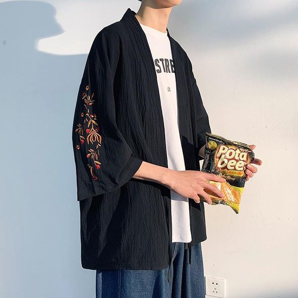 

ethnic clothing cotton linen kimono cardigan men embroider japanese traditional casual jackets yukata 2021 summer asian streetwear haori v22, Red