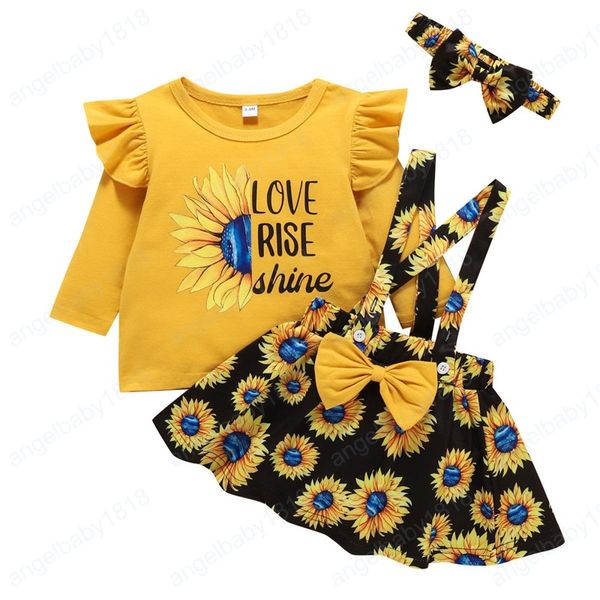Conjuntos de roupas de crianças meninas roupas de girassol infantis infantis chrysanthemum manga voadora tops + cinta vestido + headband de arco 3 pçs / set primavera outono moda roupas de bebê moda